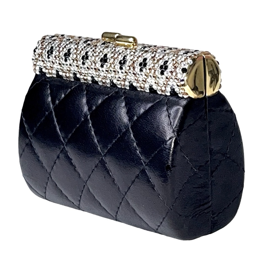 90s Beaded Rhinestone Clasp Quilted Black Leather Mini Bag Purse Chain Strap - Picture 15 of 16